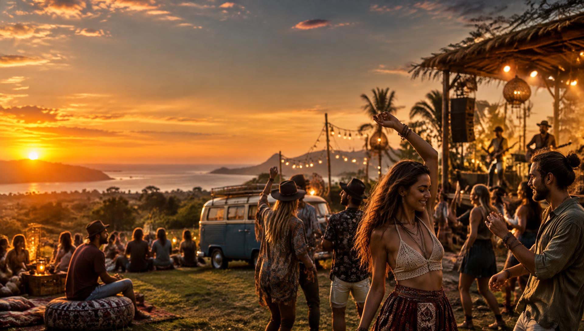Friends enjoying Musik Sunset beside a vintage festival van at golden hour